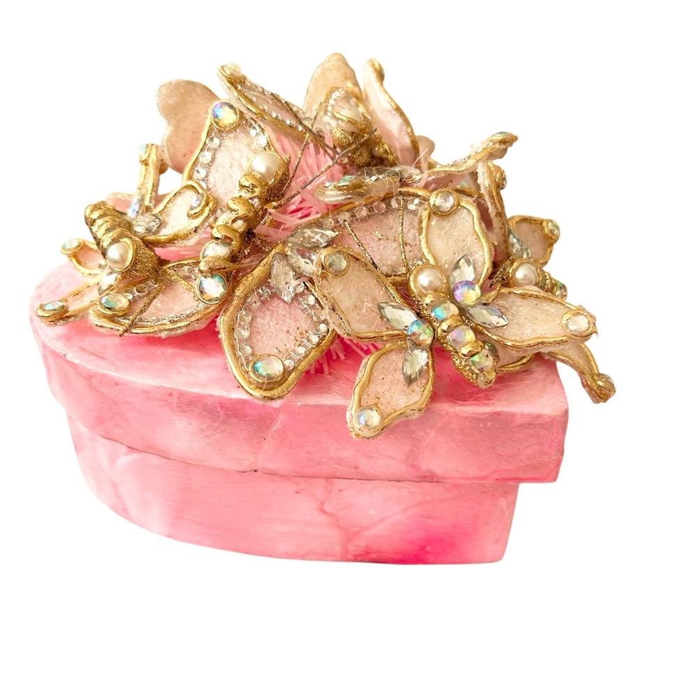 Pink Capiz Shell Embellished Heart Box Butterflies Jewels Made In Philippines